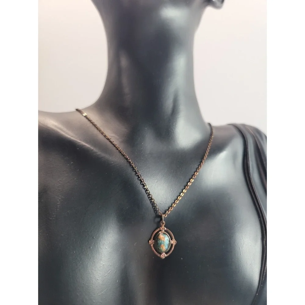 Vintage Cabochon Pendant‎ Necklace Gold Tone Southwest Style Oval Blue